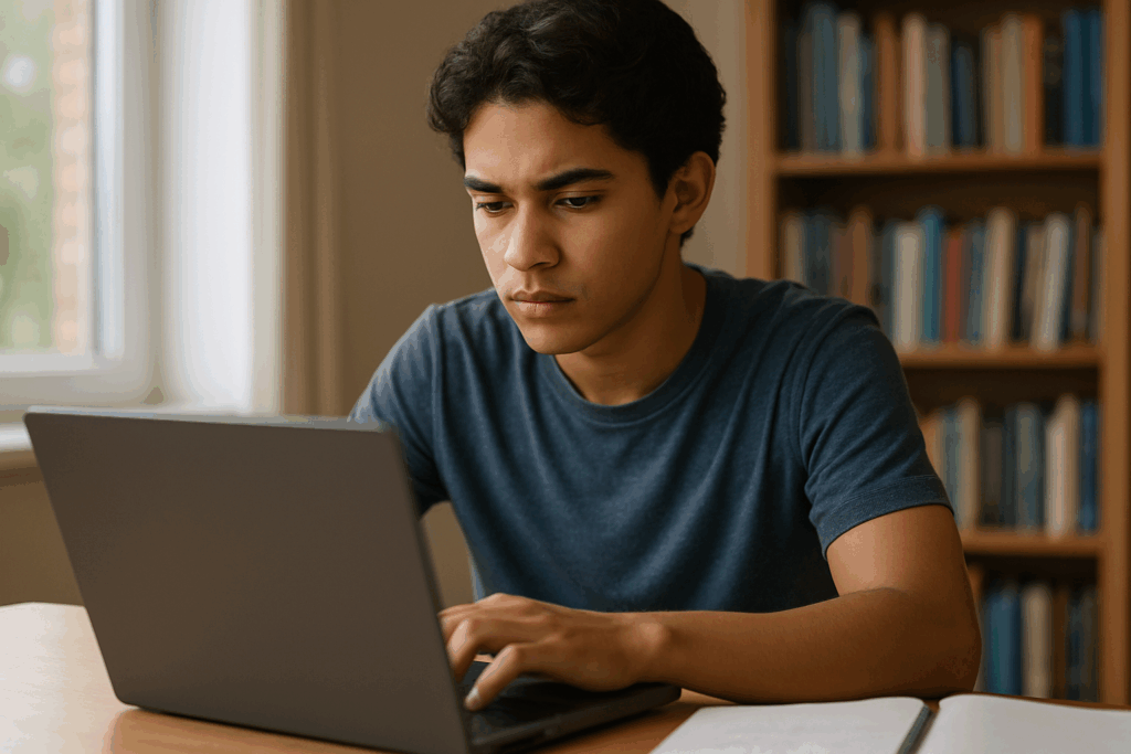 Focused high school junior at desk with laptop, diligently applying for the Broad Horizons Scholarship 2025.