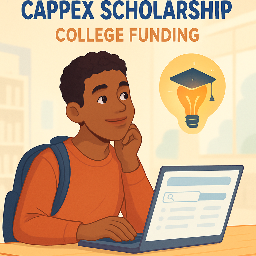 Optimistic student at a desk using a laptop to search for "Cappex scholarship" and "college funding" opportunities, with a glowing lightbulb symbolizing successful financial aid research.