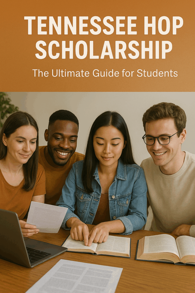 A diverse group of four college students collaborating at a study table, promoting the Tennessee HOPE Scholarship guide.