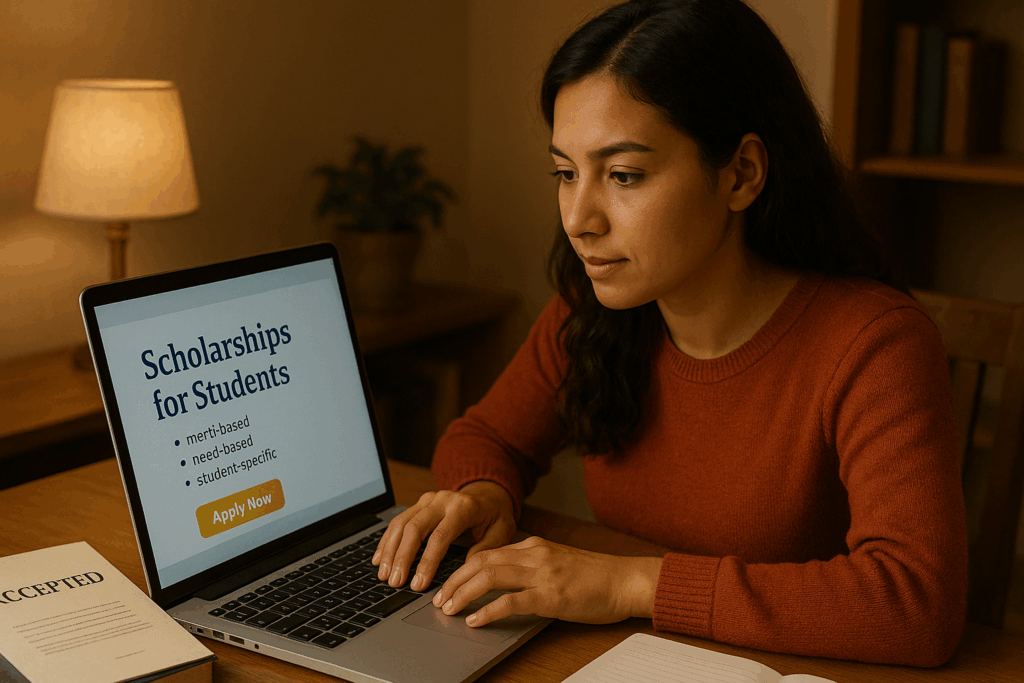 Student researches top-tier funding and scholarships on laptop, aiming for educational financial success with our ultimate guide.