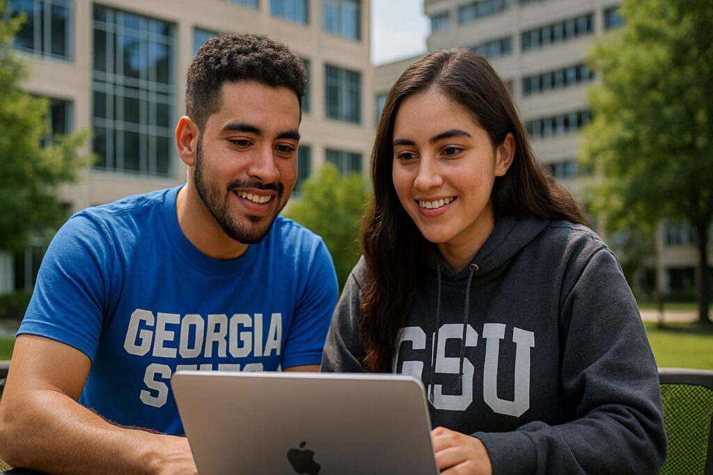 Two Hispanic/Latino students collaborating at GSU, highlighting academic support from the GSU Goizueta Scholarship.