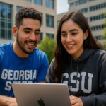 Two Hispanic/Latino students collaborating at GSU, highlighting academic support from the GSU Goizueta Scholarship.