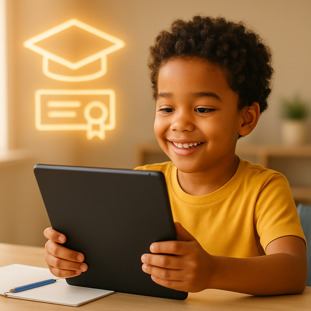 A young student happily learning with a tablet, representing the educational opportunities provided by the New World Scholarship in Florida.