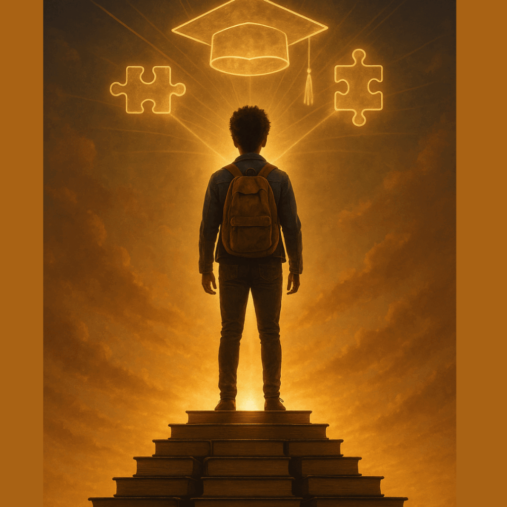 A determined student celebrates achieving scholarship mastery, standing on a staircase of books that symbolizes their successful educational funding journey.