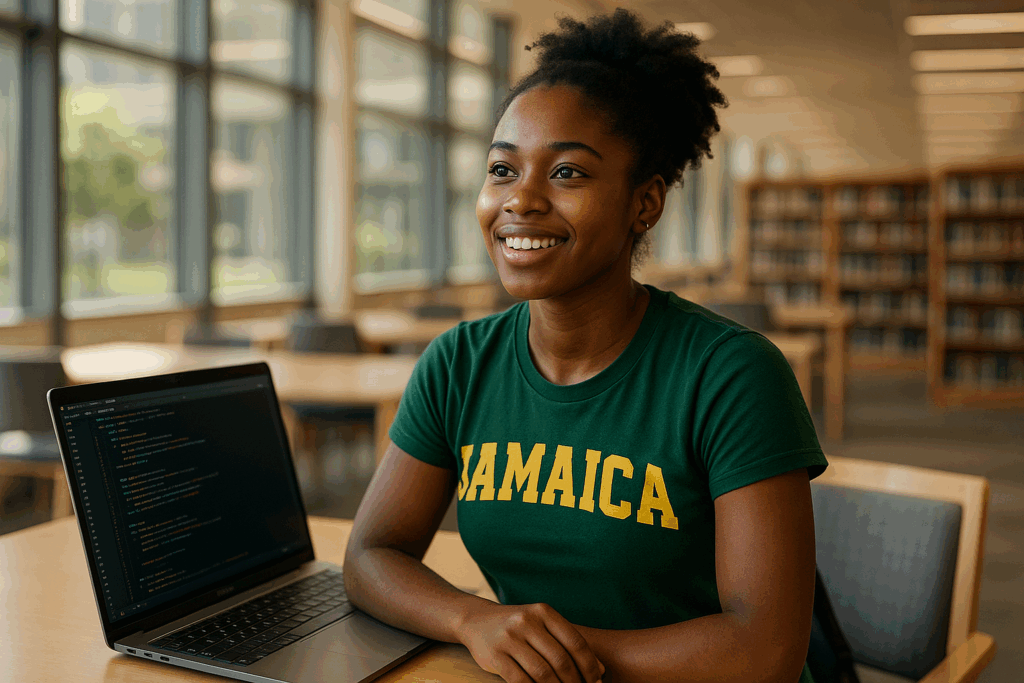 A hopeful Jamaican student applying for the Universal Service Fund Scholarship on a laptop in a modern university setting.
