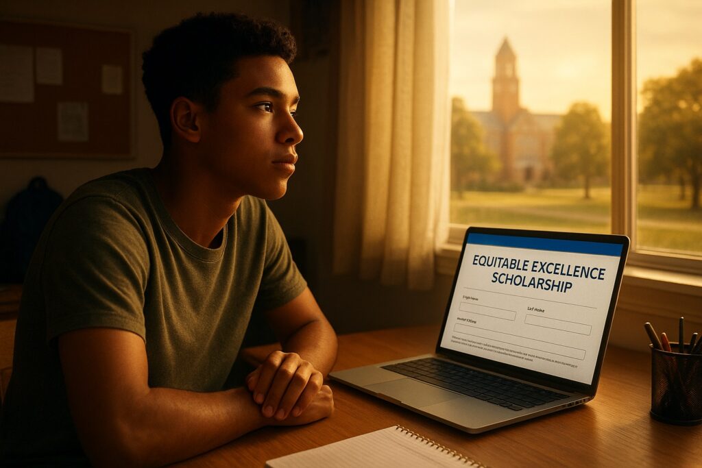 A hopeful student applying for the Equitable Excellence Scholarship on their laptop.