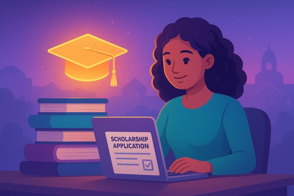 A hopeful female student at a desk, applying for the Galesburg Woman’s Club Scholarship on her laptop.