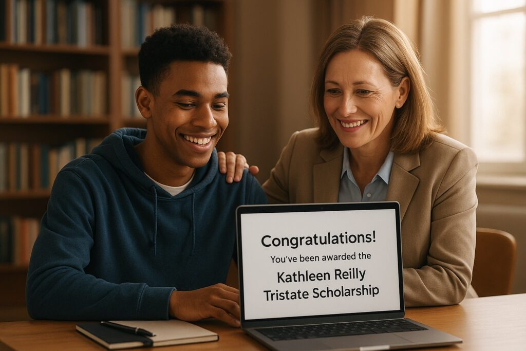 Educational consultant helps a student celebrate winning the Kathleen Reilly Tristate Scholarship on a laptop.