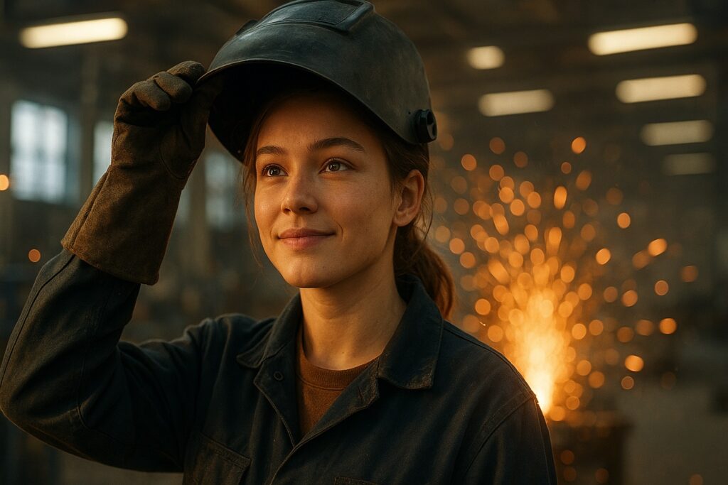 A hopeful young student in a workshop, representing a recipient of the Mike Rowe Scholarship for skilled trades.