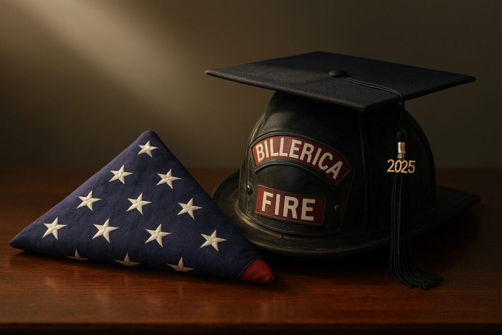 A firefighter's helmet, graduation cap, and American flag symbolizing the 2025 Patrick Corbett Memorial Scholarship for service families.