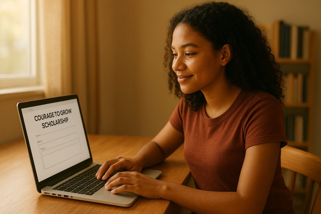 A hopeful student works on their Courage to Grow Scholarship application on a laptop, determined to succeed.