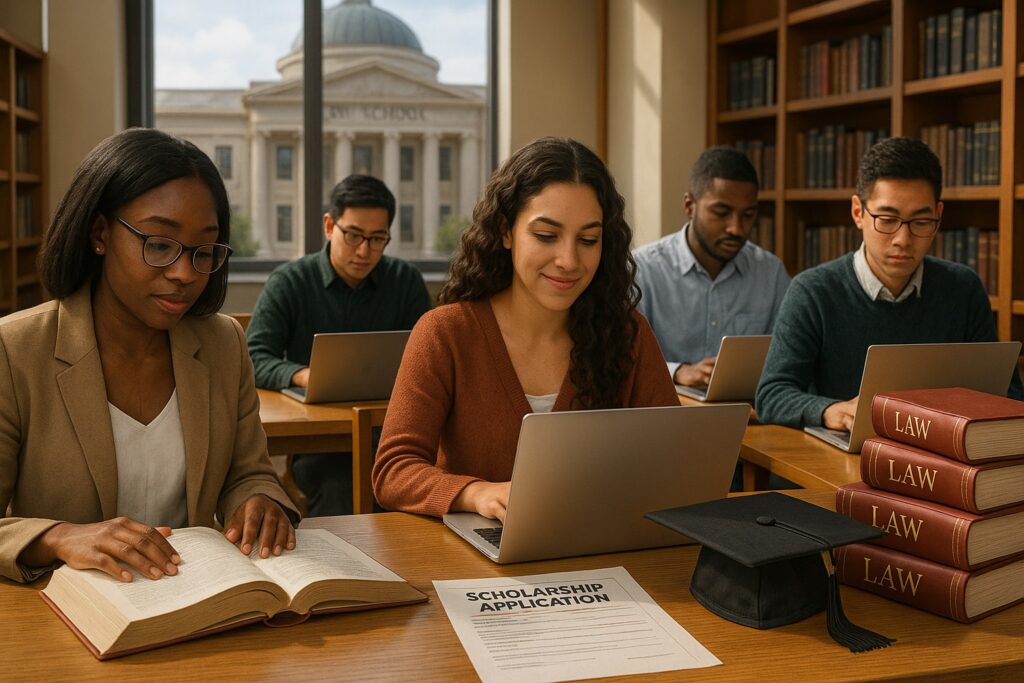 Diverse law students applying for law school scholarships and grants in university library setting.