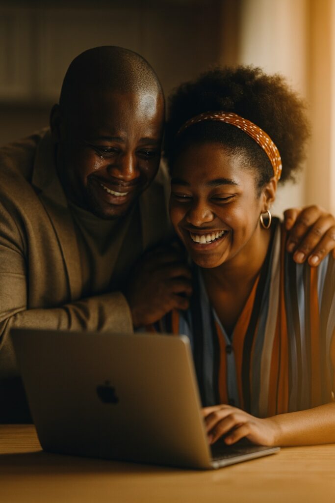 A parent and student smiling with relief after receiving a successful Middle Class Scholarship award notification on their laptop.