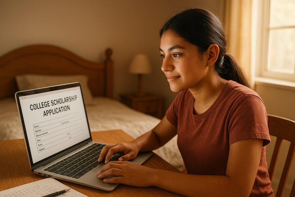 A determined high school student working on her Dell Scholarship application on a laptop, looking hopeful for the future.