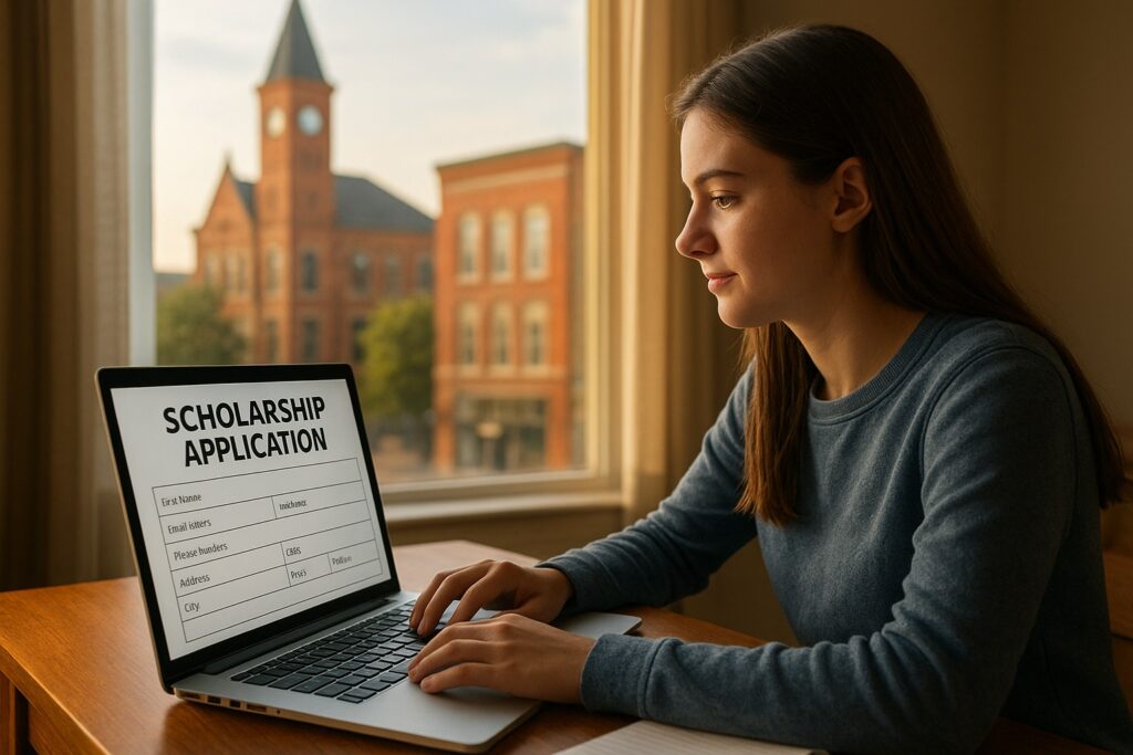 A student works on their application for a Dubuque Iowa scholarship for high school, planning for a bright college future.