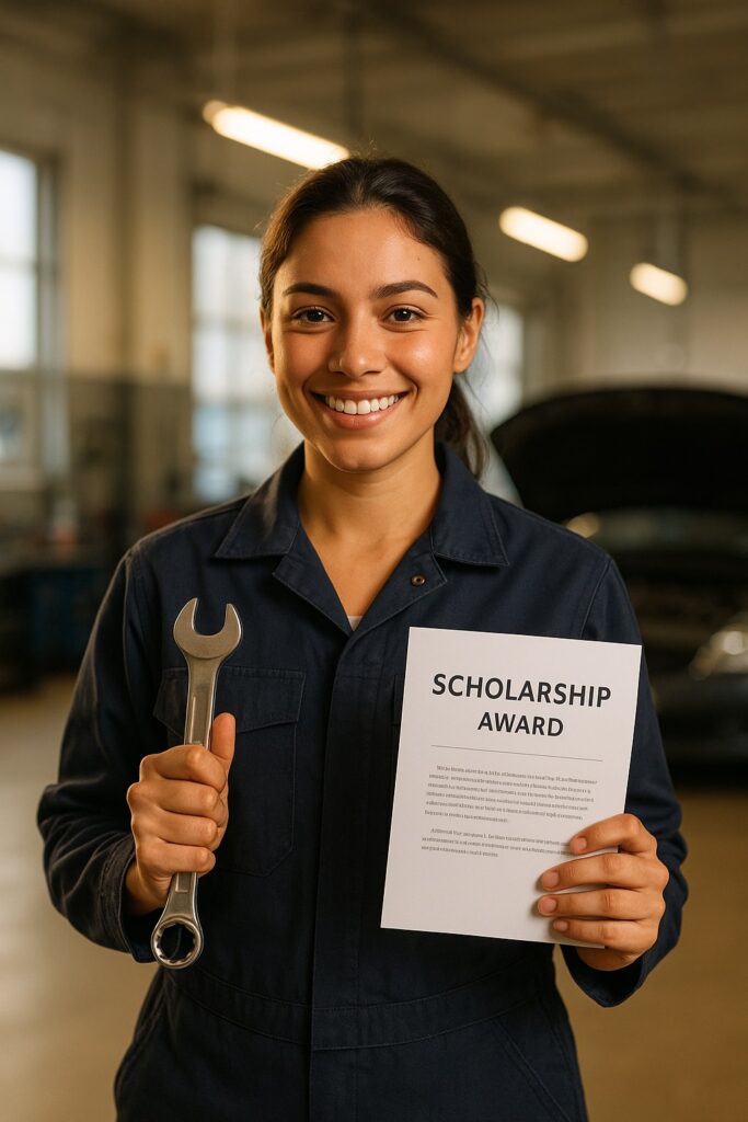 A young female trade student proudly holding her Mike Rowe scholarship acceptance letter and a tool of her trade.