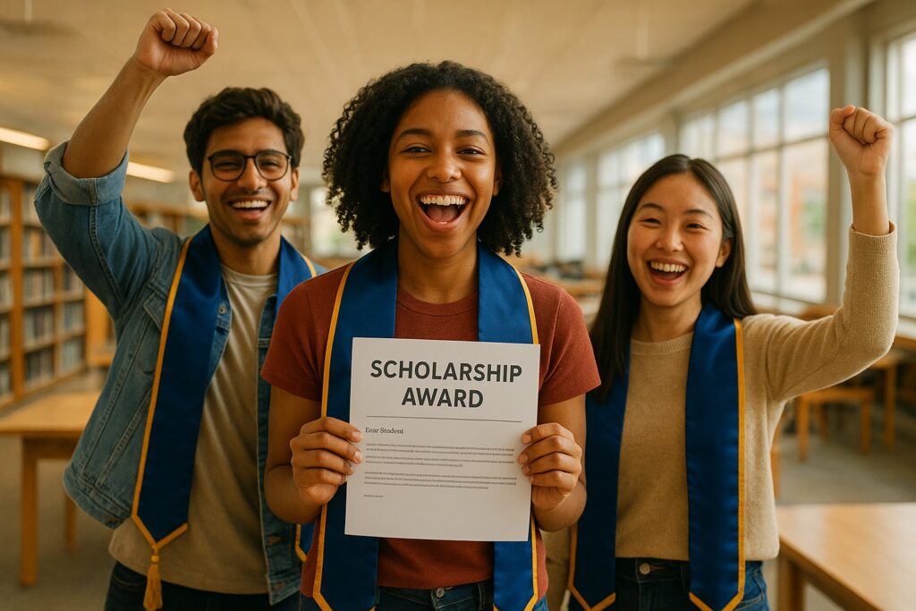 Diverse students celebrating their success with Phi Theta Kappa scholarships on a college campus.