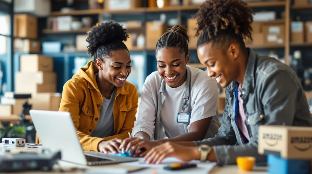 Three Amazon Future Engineer Scholarship recipients collaborating with a laptop during their internship in a modern office.