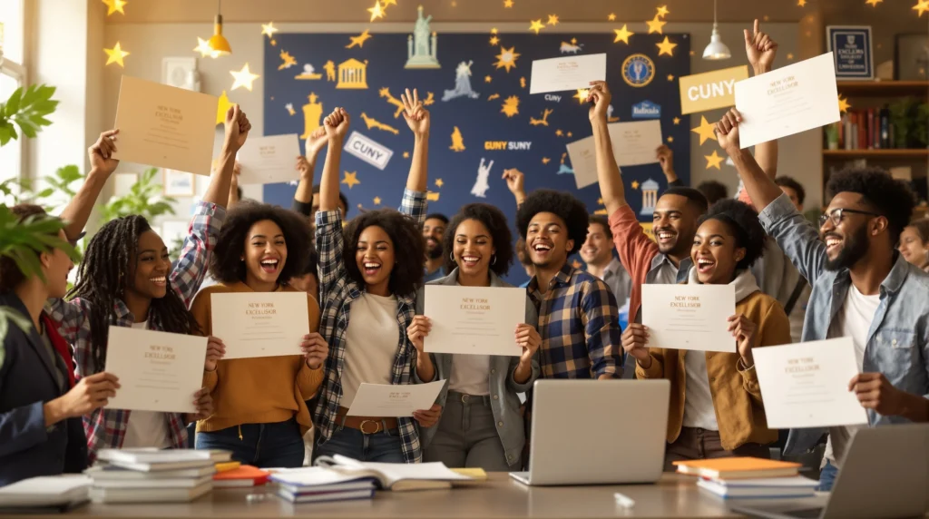 A diverse group of joyful New York college students celebrating and holding up their award letters for the Excelsior Scholarship.