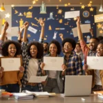 A diverse group of joyful New York college students celebrating and holding up their award letters for the Excelsior Scholarship.