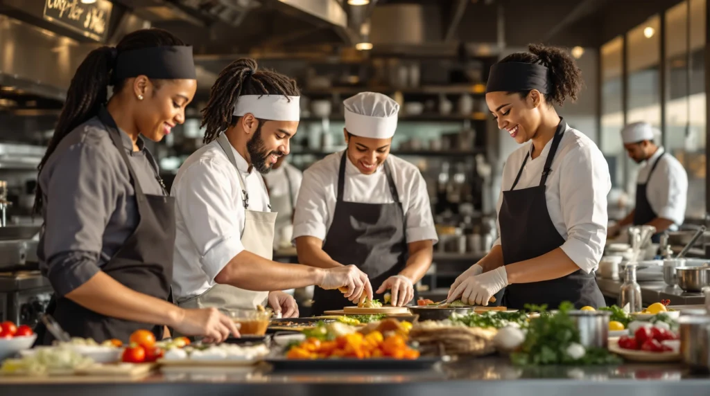Food Scholarships: Diverse culinary students in chef uniforms working in professional cooking school kitchen