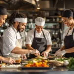 Food Scholarships: Diverse culinary students in chef uniforms working in professional cooking school kitchen