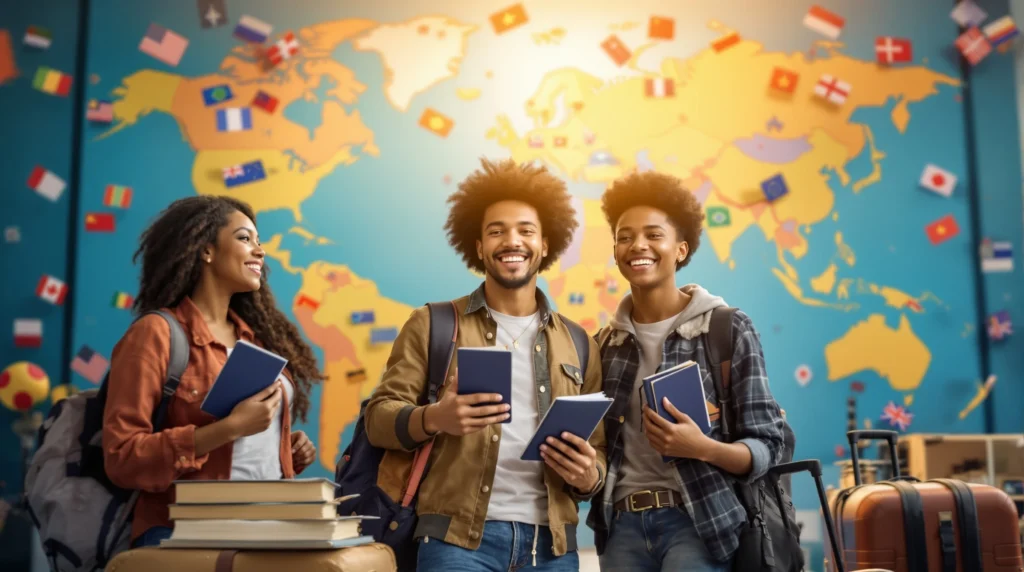 Diverse American college students with passports and luggage celebrating Gilman Scholarship opportunity for international study abroad programs
