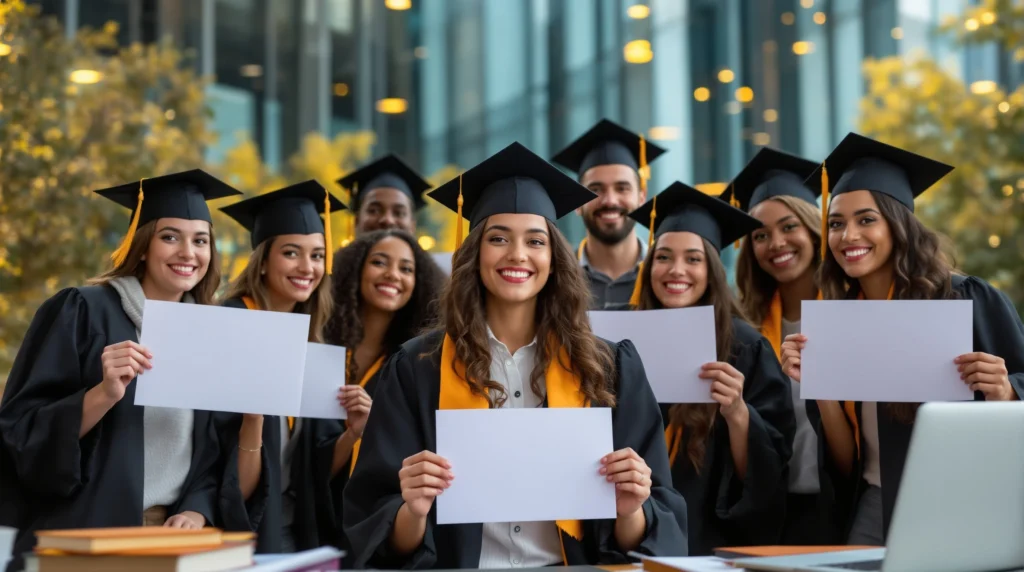 A diverse group of smiling graduate students in caps and gowns hold up blank signs, symbolizing the bright futures enabled by securing graduate school scholarships.