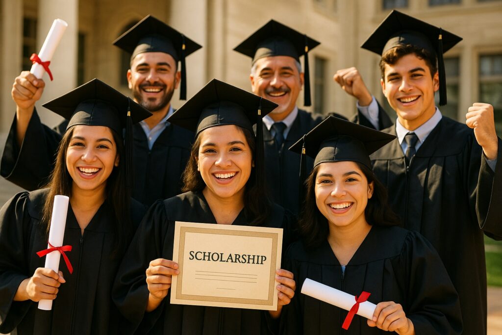 Hispanic students celebrating scholarship success and educational achievements with graduation caps and diplomas