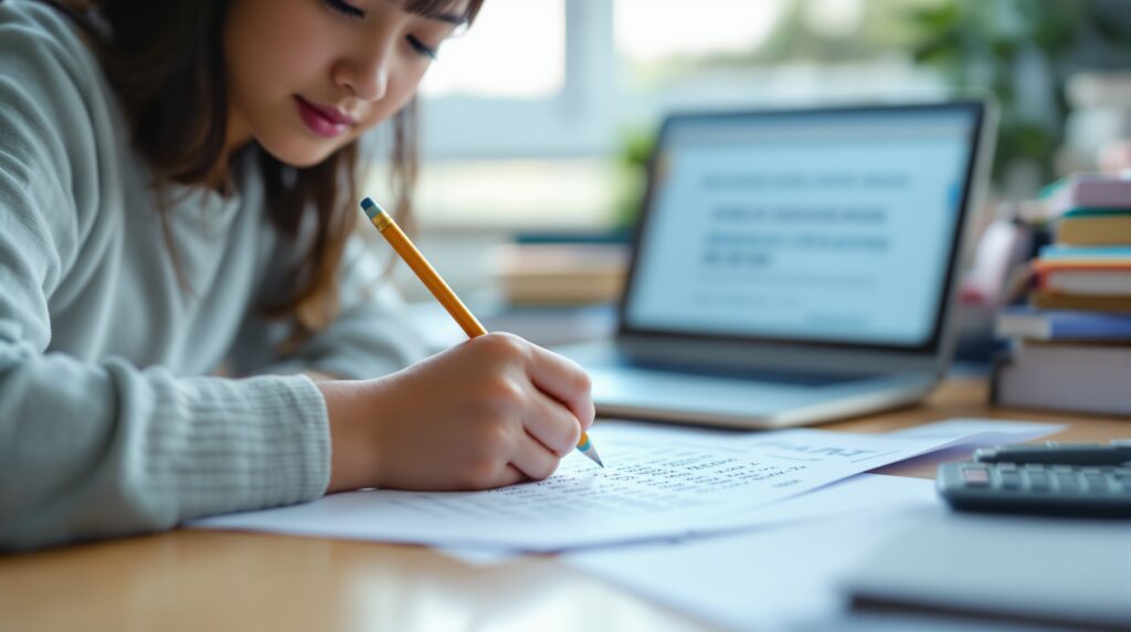 A focused student diligently prepares for the National Merit Scholarship by working through practice problems on paper with a pencil.
