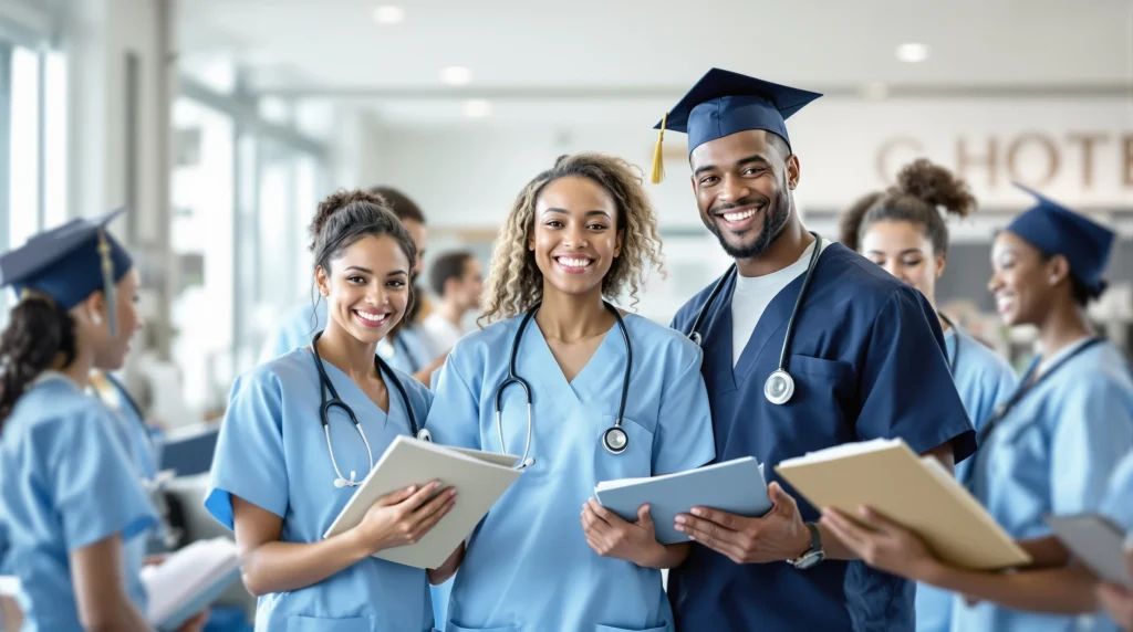 Diverse nursing students celebrating scholarship success with stethoscopes and graduation caps in modern medical school setting.