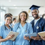 Diverse nursing students celebrating scholarship success with stethoscopes and graduation caps in modern medical school setting.