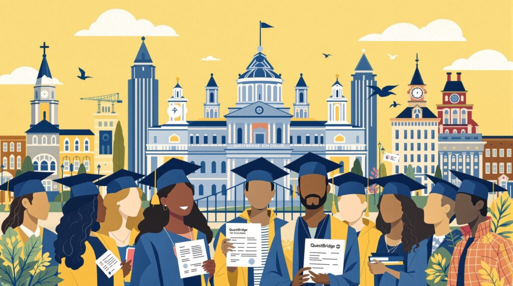 Diverse high school students in graduation caps standing before prestigious college buildings with scholarship documents and books, representing QuestBridge's mission to connect low-income students to top colleges