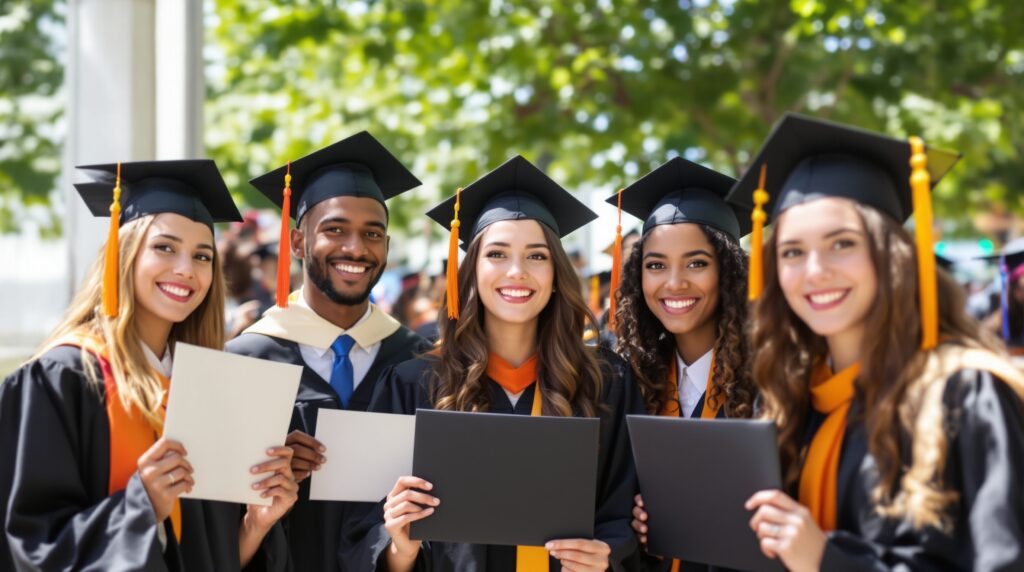 Diverse group of happy high school seniors celebrating graduation with scholarship award letters.
