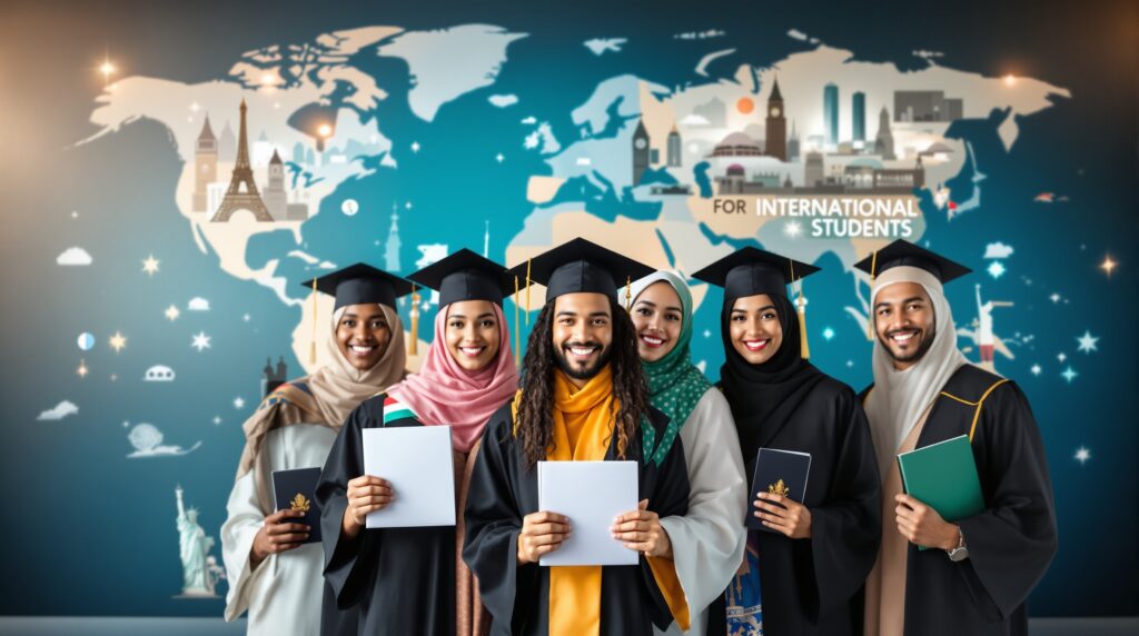 Scholarships for International Students - Diverse students from around the world celebrating global education opportunities with flags, passports, and academic documents against iconic world landmarks.