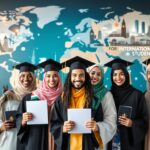 Scholarships for International Students - Diverse students from around the world celebrating global education opportunities with flags, passports, and academic documents against iconic world landmarks.