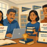 Hispanic students studying with scholarship documents in modern university library setting