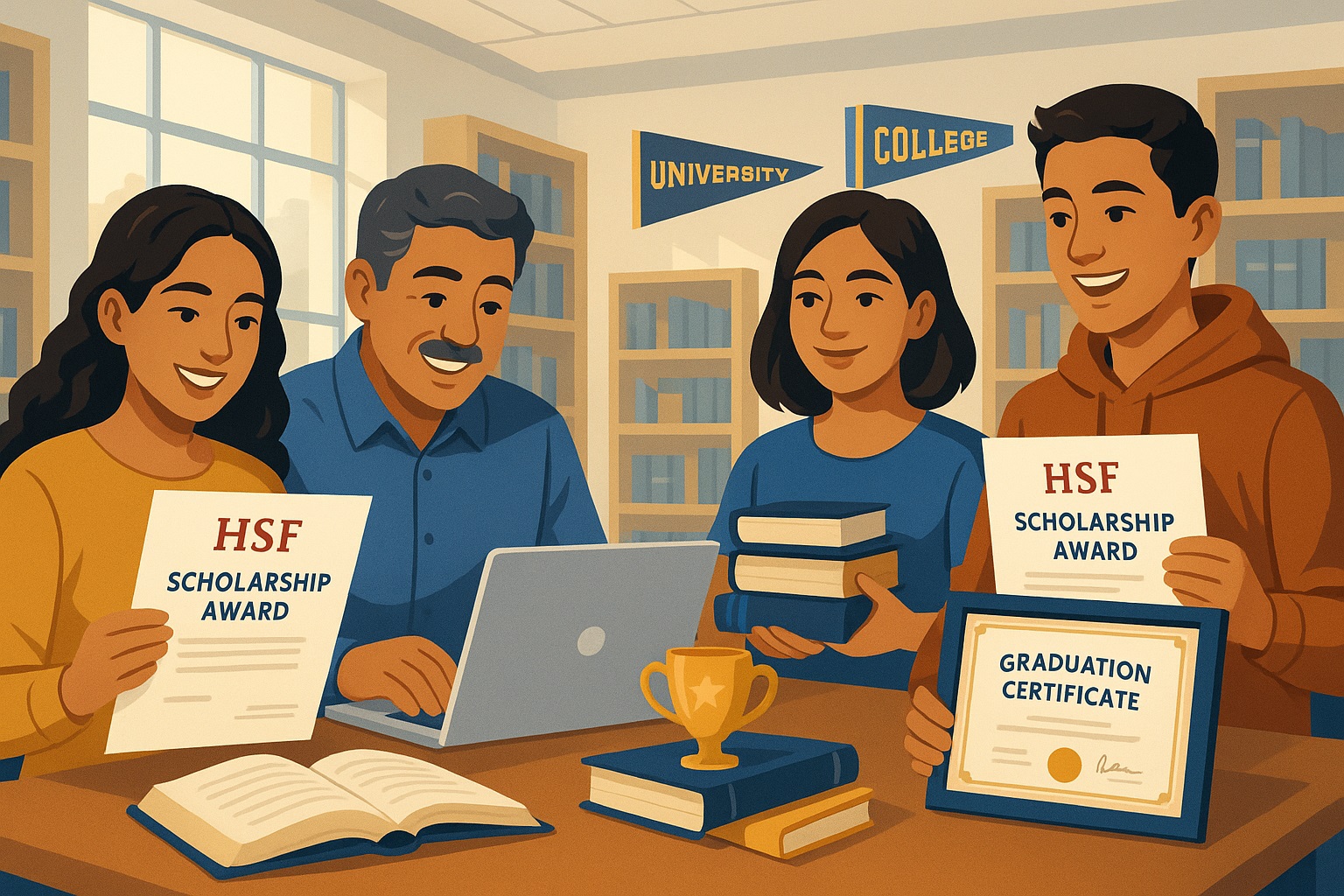 Hispanic students studying with scholarship documents in modern university library setting