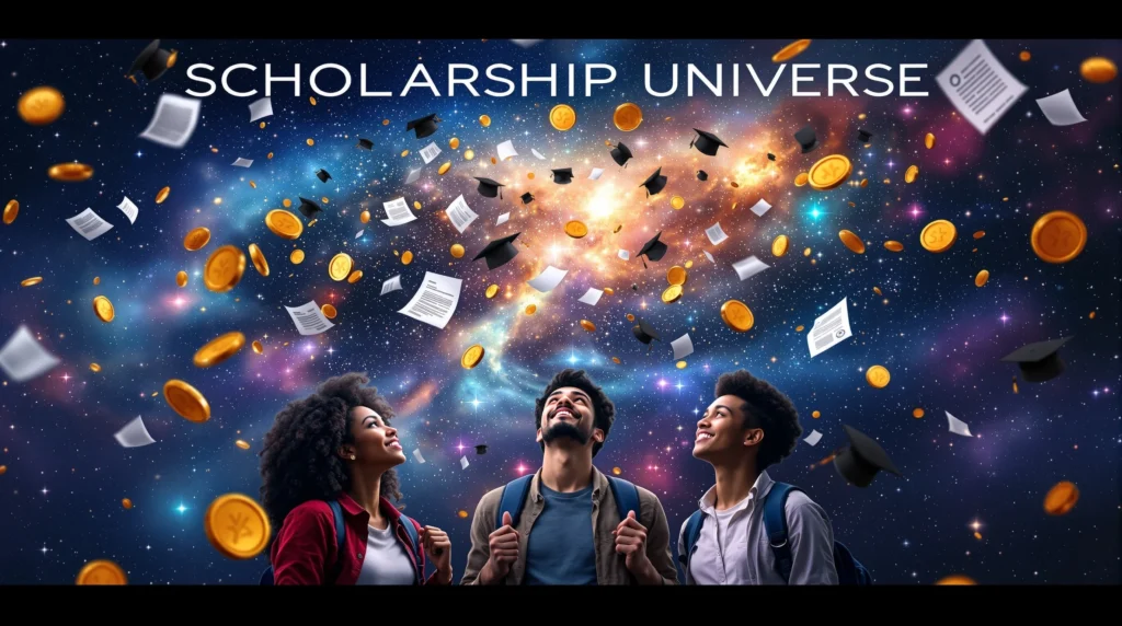 Diverse students discover endless scholarship opportunities in the cosmic Scholarship Universe of educational funding.