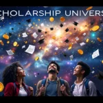 Diverse students discover endless scholarship opportunities in the cosmic Scholarship Universe of educational funding.