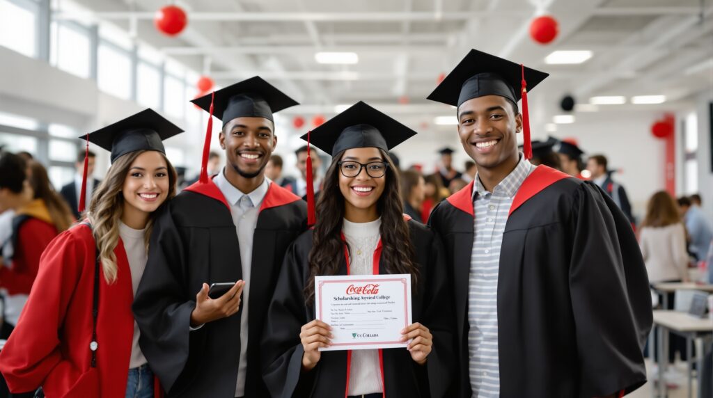 Diverse high school students celebrating Coca Cola Scholarship achievement with award documents and graduation caps in modern school setting.