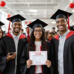 Diverse high school students celebrating Coca Cola Scholarship achievement with award documents and graduation caps in modern school setting.